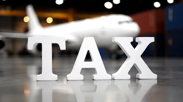 TAX word with airplane in background concept of air travel tax aviation industry taxation and financial implications for flights.