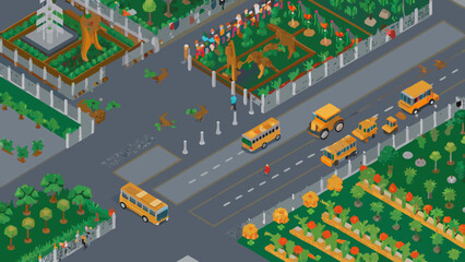 Isometric illustration of a city street with school buses and dinosaurs