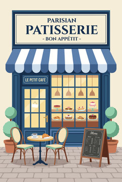 A cozy, inviting Parisian patisserie featuring outdoor seating, colorful desserts in display, and a warm, welcoming ambiance for pastry lovers and caf&eacute; enthusiasts alike.