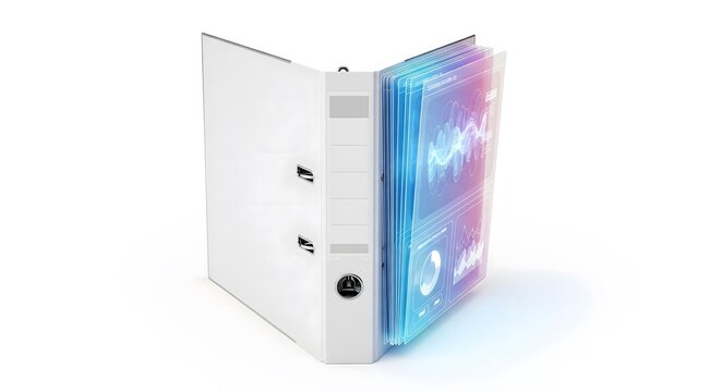 Digital data analysis and comprehensive business insights stored within a modern office binder, symbolizing efficient information management and technological integration