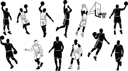 Basketball player silhouettes in action, dunk, dribble, jump shot, slam dunk, professional athlete poses, sports vector design, fitness training, competition illustration © Minara Art