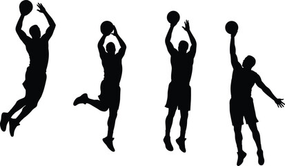 Basketball players silhouette, slam dunk action, high jump movement, dynamic sports pose, athletic design, stock image, energetic basketball scene © Minara Art