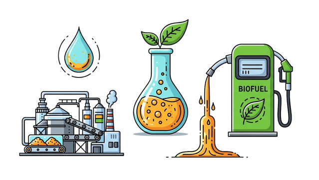 Biofuel Production Icon Set: Fermentation Flask, Renewable Energy Pump, Biomass Processing Plant and Eco Fuel Drop, Vector Line Art for Sustainability