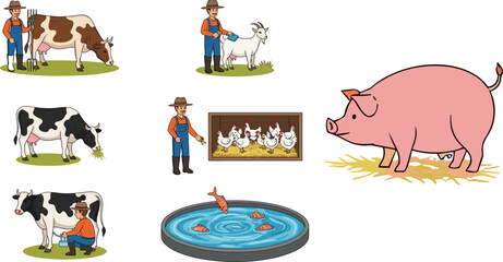 Farm animals silhouettes, farmer with cow, goat care, chicken coop, pig on straw, fish tank, agriculture life, rural farming illustration © Creative Mind