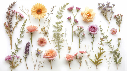 A beautiful flat lay arrangement of various dried and pressed flowers and botanical elements on a clean white background, showcasing their delicate textures and soft colors.