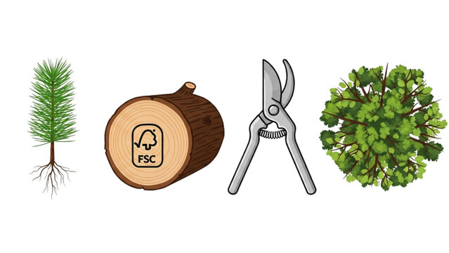 Sustainable Forestry Icon Set: Pine Tree Seedling, FSC Certified Log, Pruning Shears and Forest Canopy, Reforestation Vector Line Art for Wood Industry