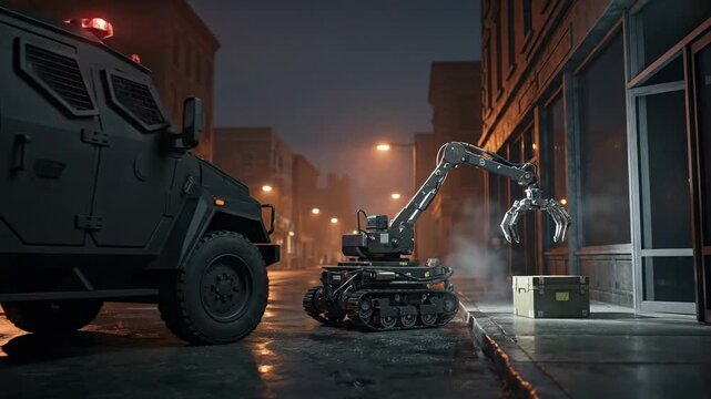 Remote Bomb Disposal Robot Handling Suspicious Package Near Armored Squad Vehicle at Night