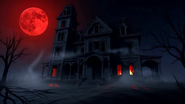 Spooky Haunted House Under a Blood Moon at Night