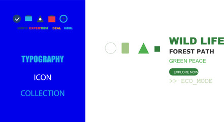 Fototapeta premium Modern graphic design illustration for UI/UX projects, featuring abstract icons, typography, and environmental themes.