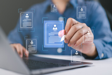 Man holding stylus creating digital resume with profile icon, representing document management, corporate networking, information sharing, communication, and professional profile creation.