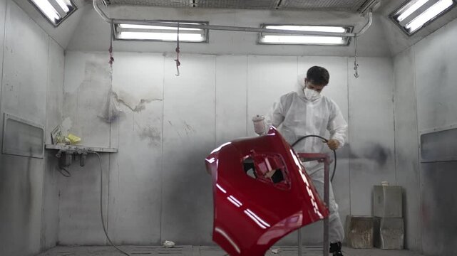 The mechanic is spraying a car bumper at a car repair shop. engineer, land vehicle, car repair shop, small business.