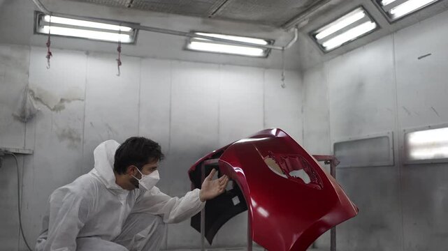 The mechanic is spraying a car bumper at a car repair shop. engineer, land vehicle, car repair shop, small business.