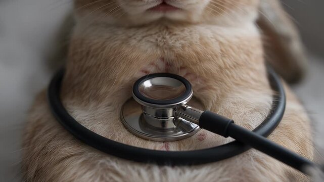 Close up of a cute rabbit being examined with a stethoscope, vet checkup