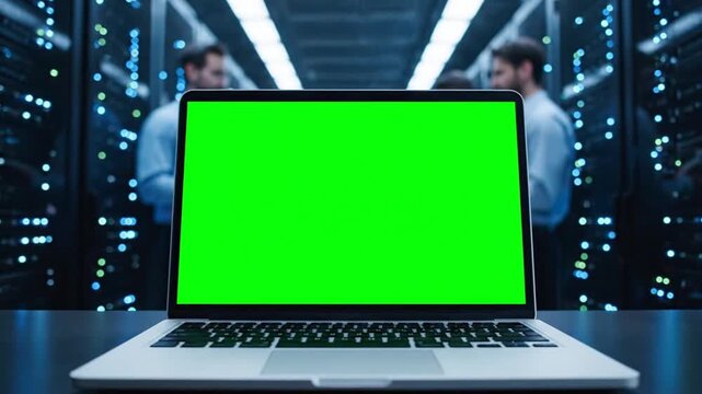 Customize Your Message Green Screen Laptop in Busy Data Center with IT Pros.