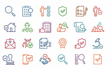 Collection of colorful icons representing business and technology concepts on a clean background viewed from a straightforward perspective