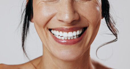 Dental, smile or woman in studio with mouth, closeup or tooth wellness in orthodontics. Happiness,...