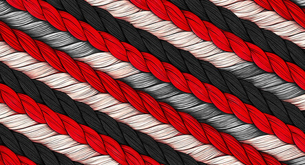 Vibrant red, black, and white braided rope pattern texture background with diagonal woven strands for design and decoration purposes © Ahmed_Stock