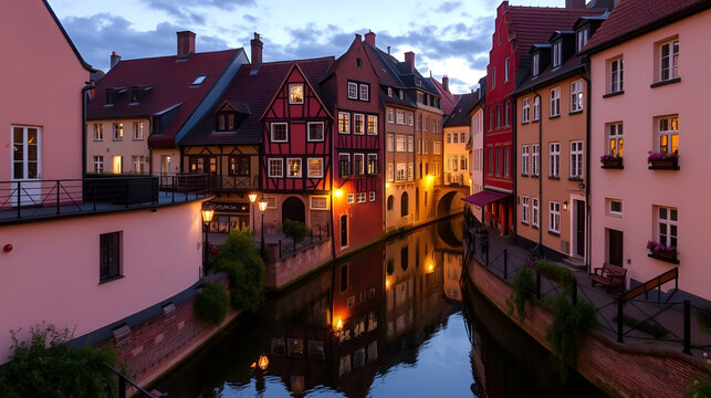 Scenic View of Old Tanners Quarter in Aalen with Charming Canals at Dusk