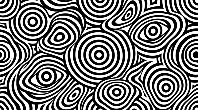 Black and white abstract pattern with concentric circles and optical illusion effect.