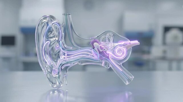 Human ear anatomy model transparent inner outer middle ear structure canal eardrum cochlea human hearing anatomy study transparent glass style neon light medical laboratory education