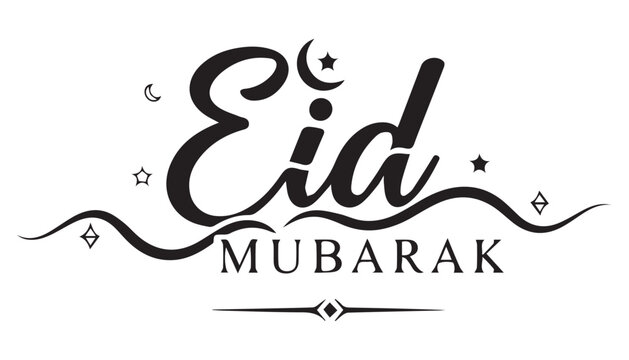 A charming script Eid Mubarak with decorative swirls, stars, and crescent.