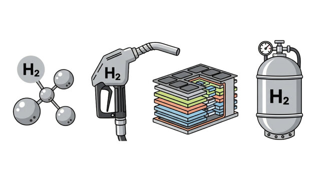 Hydrogen Fuel Icon Set: H2 Molecule, Hydrogen Fueling Nozzle, Fuel Cell Stack and Pressurized Gas Tank, Green Energy Sustainable Vector Line Art