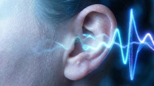 Human ear anatomy closeup with glowing sound wave hearing concept blue frequency line audio detail auditory system medical health care science technology design tinnitus loss