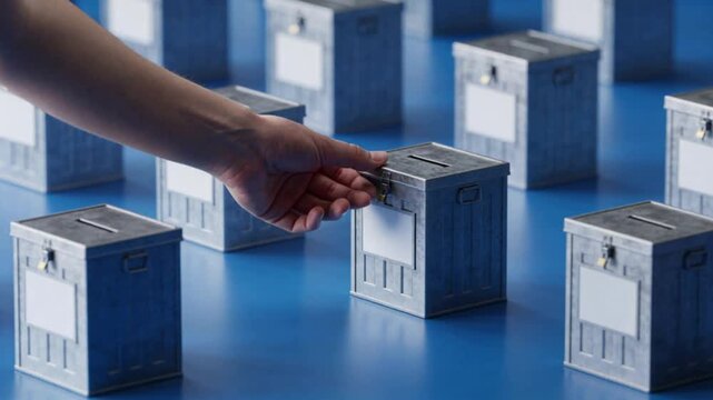 Person casting vote into ballot box in a grid of similar boxes