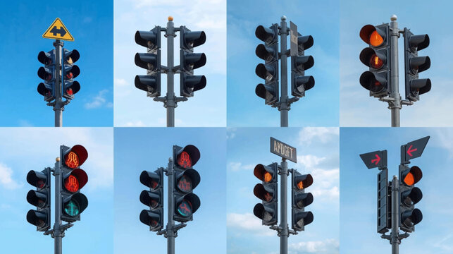 A collage of eight distinct traffic light setups against a clear blue sky, showing various signal states and configurations.