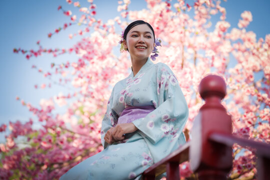 woman in yukata (kimono dress) with sakura flower or cherry blossom blooming in garden