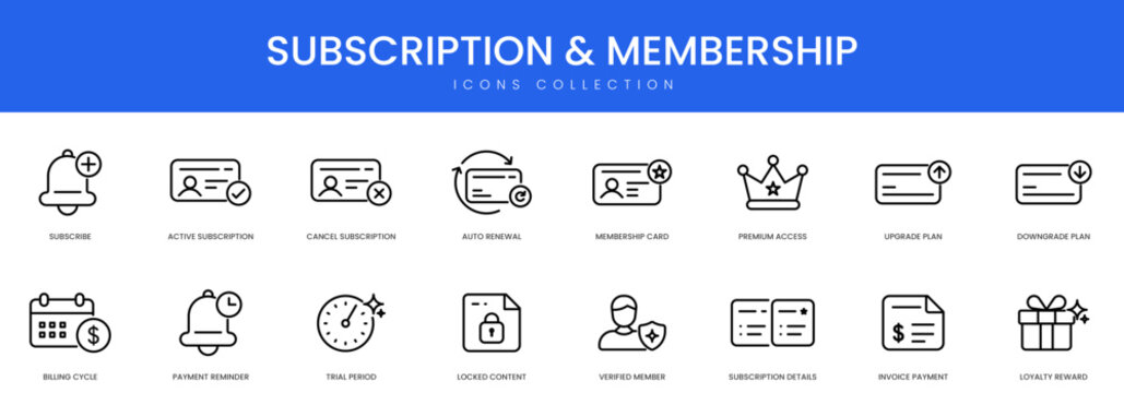 A set of line icons focusing on subscription models membership tiers billing cycles and premium user access