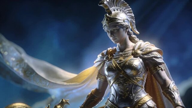 Woman warrior standing in motion with flowing cape and armor