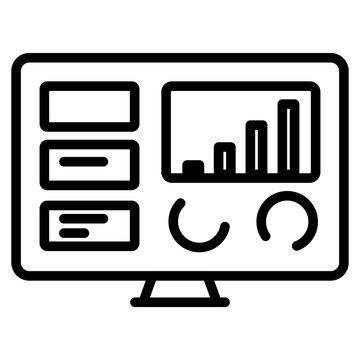 Outline illustration of a computer screen displaying multiple data widgets and summary charts