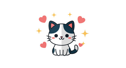 Fototapeta premium Cute Cartoon Cat With Hearts and Stars, Adorable Feline Character Illustration for Design