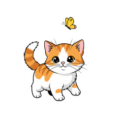 Obraz premium Cute Orange Tabby Kitten Chasing a Yellow Butterfly Vector Illustration