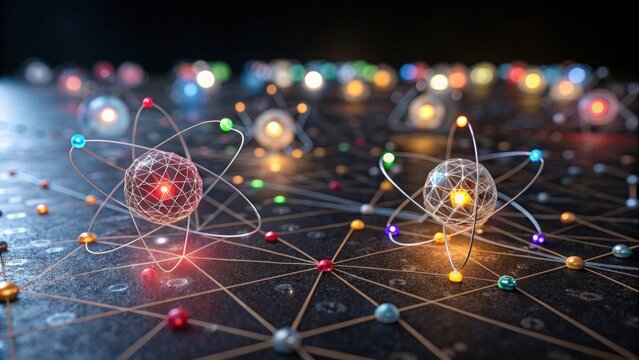 A digital representation of atomic structures with glowing nuclei and orbiting electrons connected by a network of lines and dots on a dark surface.