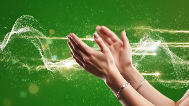 Green Screen clapping hands on color background applause scene 2 with distortion, overlay, glitch, static noise, scan lines black background, 4k animated video loop