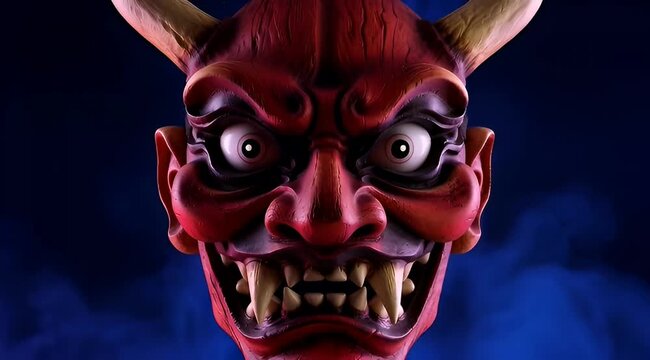 A close-up shot of a menacing red demon mask with sharp teeth and horns against a dark background