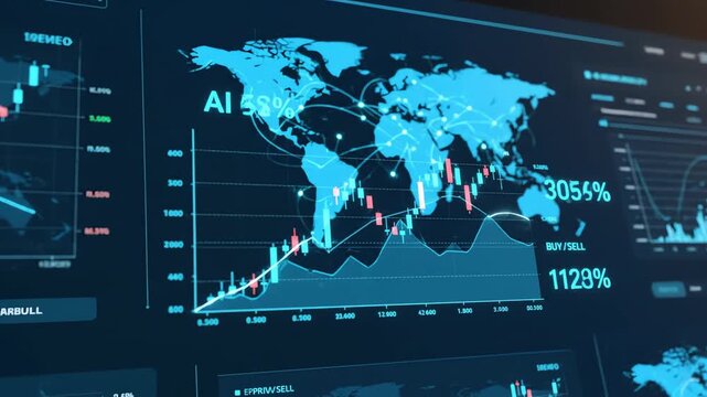 Data visualization of global markets and statistics on computer screens