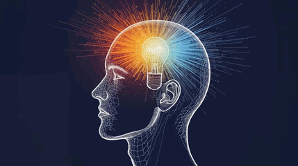 Obraz premium Stylized human head profile with glowing light bulb representing ideas and innovation.