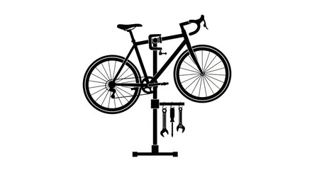 Obraz premium Clean graphic illustration of a bicycle on a repair stand, complete with basic tools, depicting bike service, maintenance, and a dedicated workshop environment