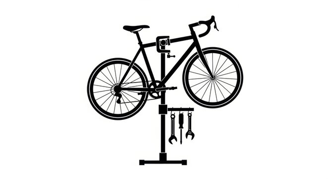 Clean graphic illustration of a bicycle on a repair stand, complete with basic tools, depicting bike service, maintenance, and a dedicated workshop environment