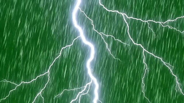 Green Screen rain with thunderstorm on clouds accompanied by lightning strikes heavy thunderstorms a scene 2 distortion, overlay, glitch, static noise, scan lines black background, 4k animated video