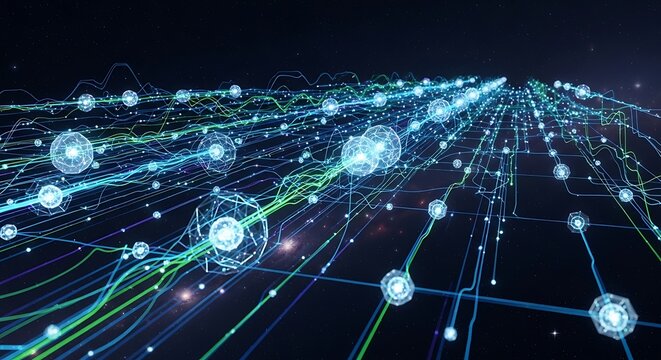 Vibrant network visualization with glowing blue lines and nodes in space