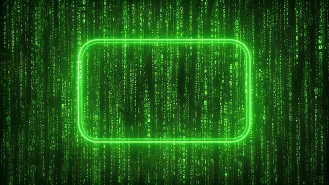 Digital rain of flowing green code with a rounded rectangle border frame