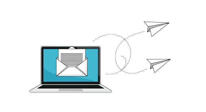 Electronic communication concept with a laptop showing an open envelope and paper planes flying out representing sent emails.