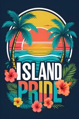 Fototapeta premium Vibrant Summer Sunset Beach with Palm Trees, Hibiscus Flowers, and Bold Retro Typography for Travel Branding