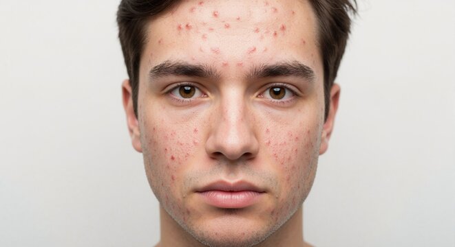 Portrait of young man with acne and problem skin. Close-up of male face with pimples and blemishes. Dermatology and skincare concept