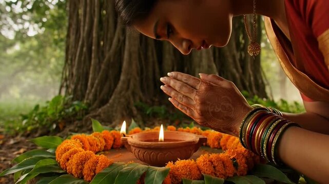 Traditional Vat Savitri Vrat Ritual with Earthen Lamps and Marigold Garland in Sacred Forest Setting