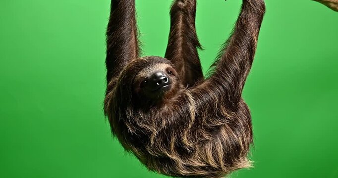 A sloth hanging from a branch against a vibrant green background, showcasing its relaxed demeanor